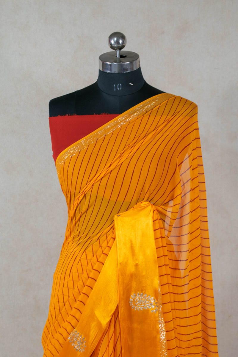 Pure Georgette Leheriya Saree with Hand-Painted Satin Border - KANHASAREE