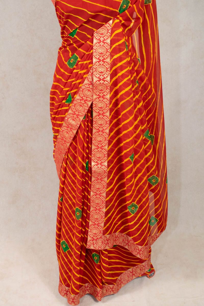 Leheriya Georgette Multicolor Lace border Saree With Blouse, bandhej saree, bandhani  saree, fancy saree, new saree,