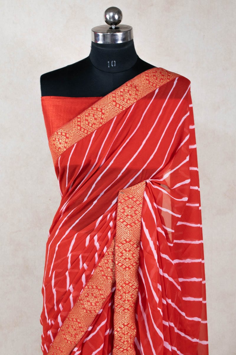 Buy Satrani Red & White Leheriya Saree With Unstitched Blouse for Women  Online @ Tata CLiQ