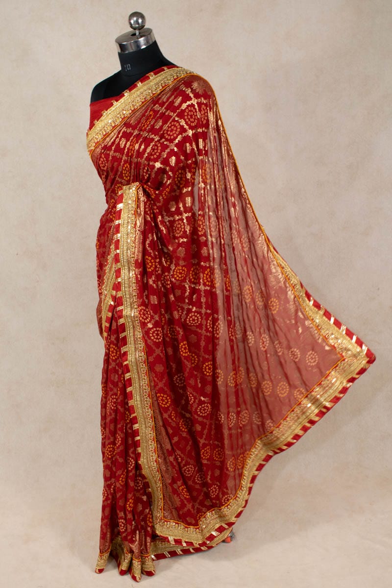 Pure Georgette Saree with Gota Border and Bandhani Work - KANHASAREE