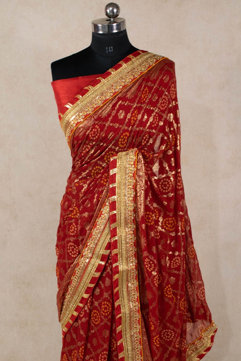 Pure Georgette Saree with Gota Border and Bandhani Work - KANHASAREE