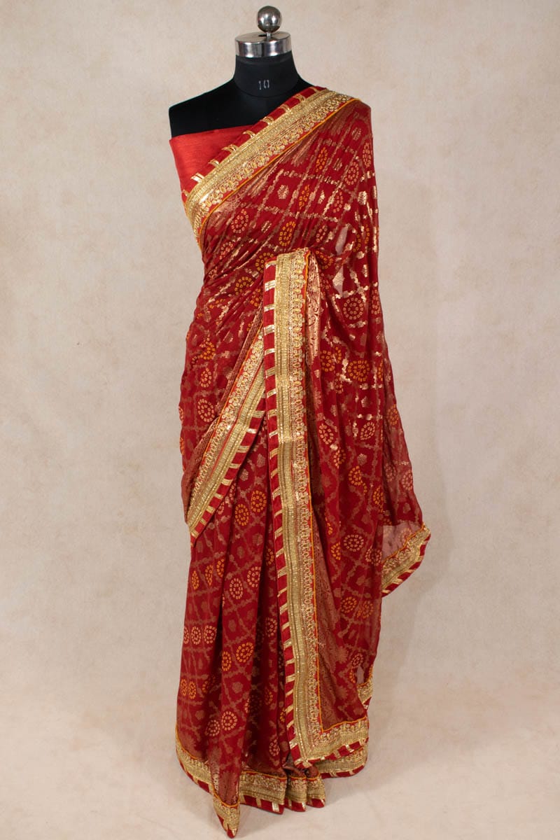 Pure Georgette Saree with Gota Border and Bandhani Work - KANHASAREE