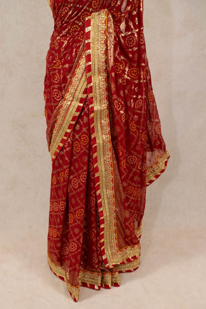 Pure Georgette Saree with Gota Border and Bandhani Work - KANHASAREE