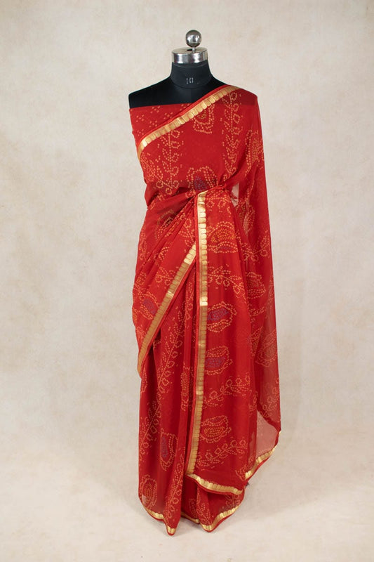 Traditional Bandhani Zari Border Georgette Saree - Kanhasarees by ksds