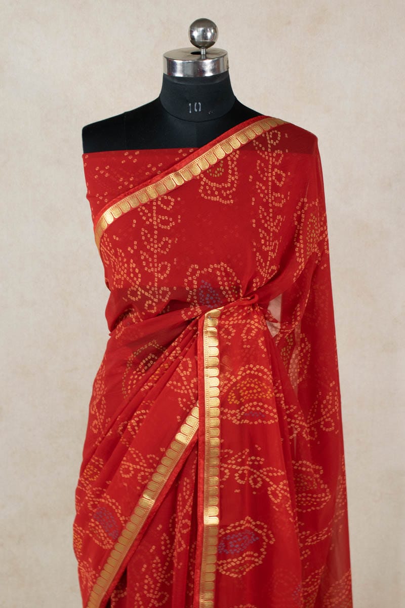 Traditional Bandhani Zari Border Georgette Saree - KANHASAREE