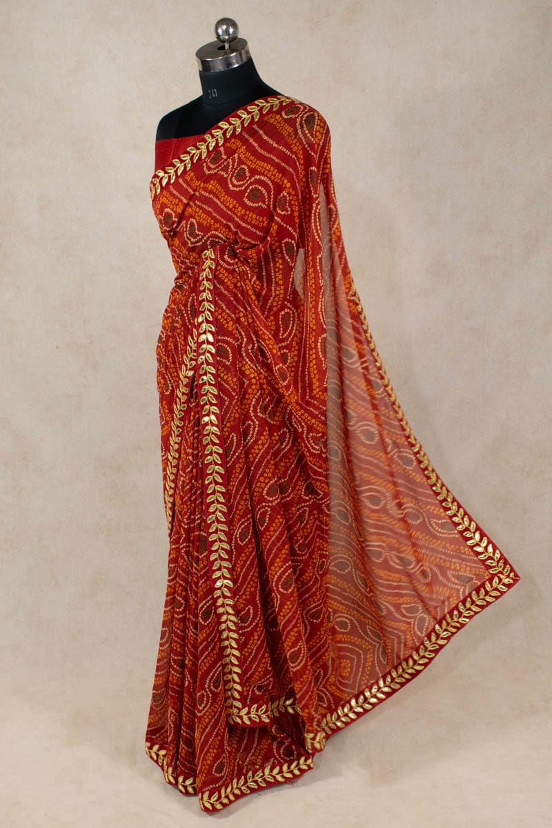 KSDS Traditional Bandhani Georgette Saree with Gota Border - KANHASAREE