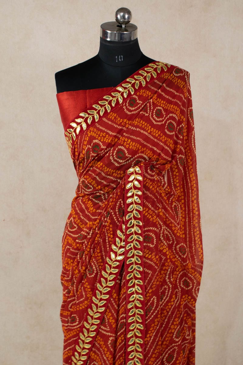 Red Bandhani Printed With Sequins Work Georgette Saree