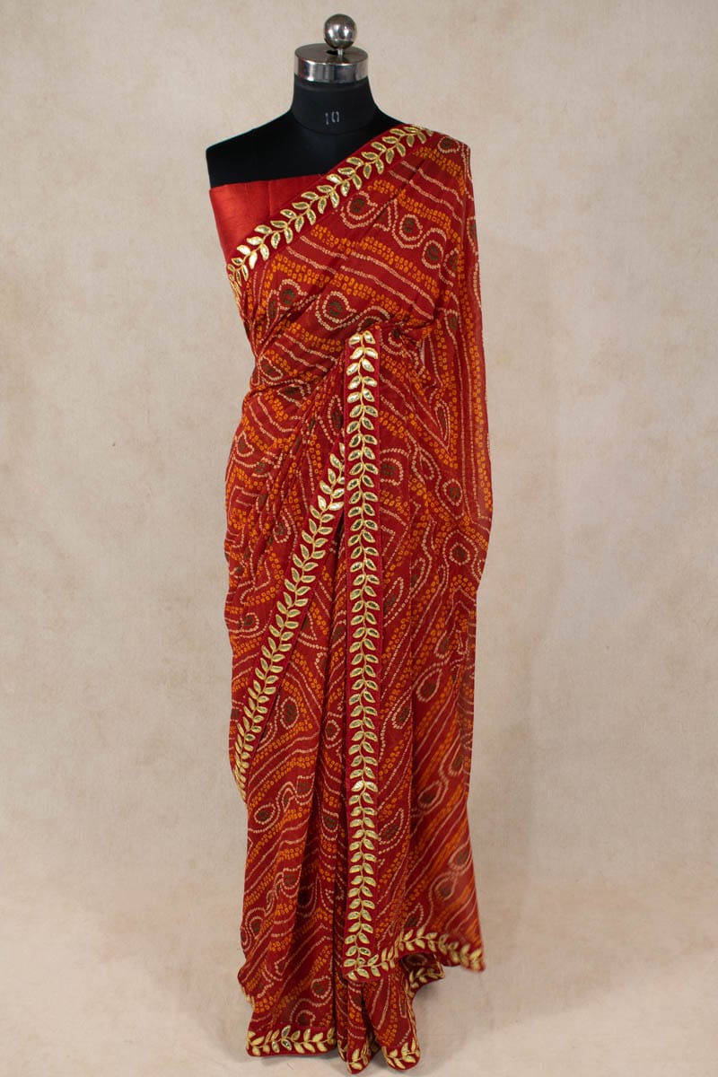 KSDS Traditional Bandhani Georgette Saree with Gota Border - KANHASAREE