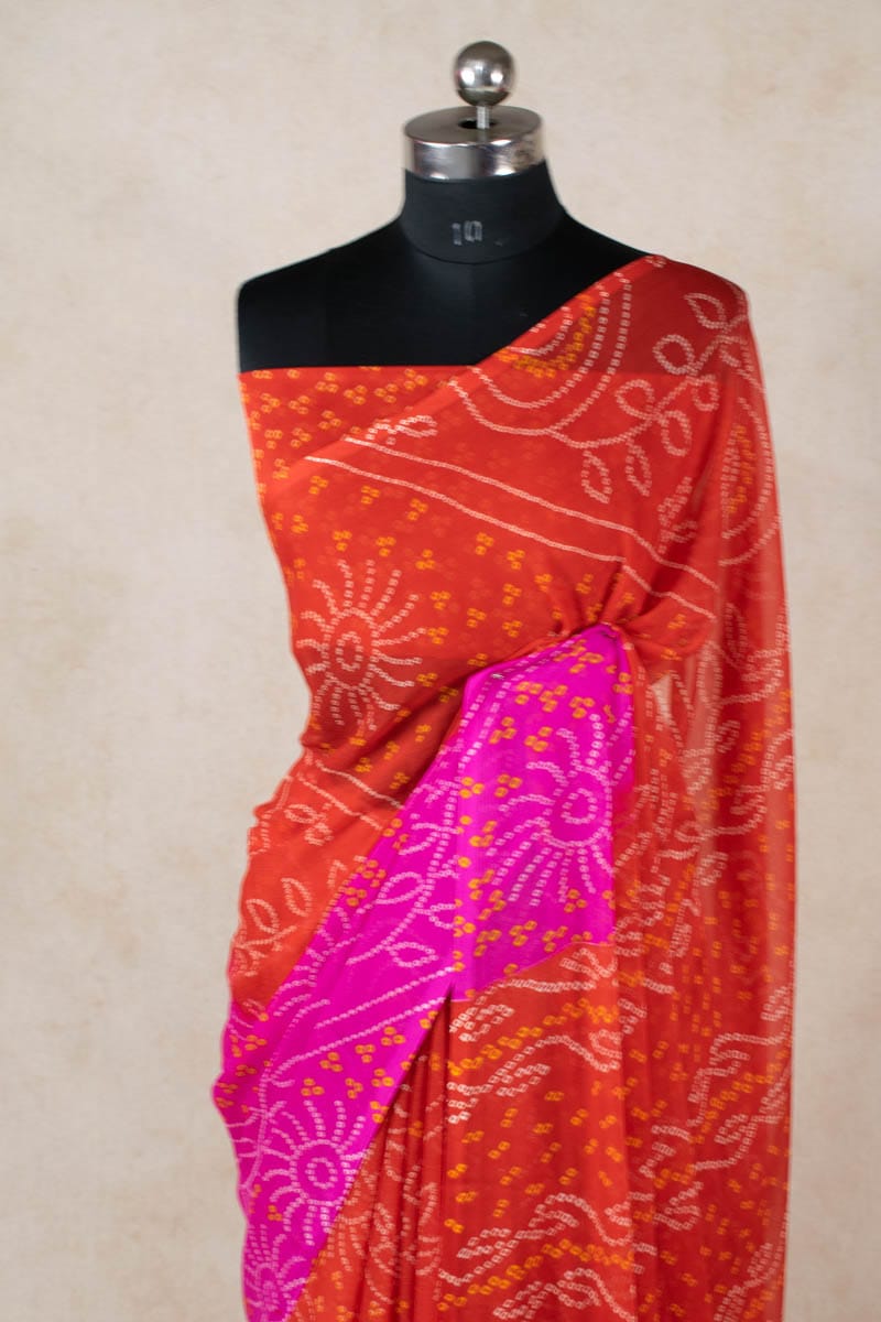 Red Rani Bandhani Georgette Saree - Authentic Jaipuri Rajasthani Beauty - KANHASAREE