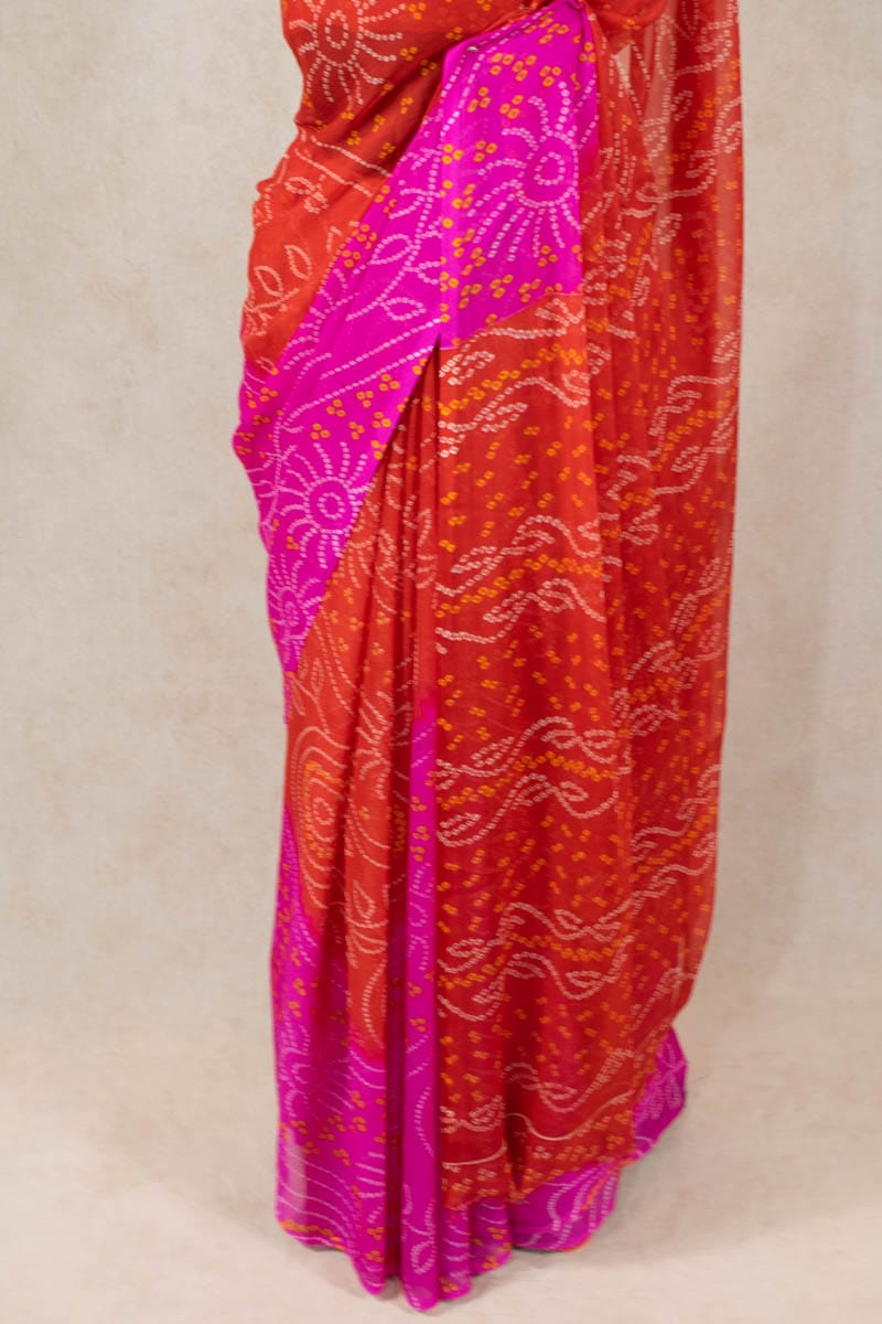 Red Rani Bandhani Georgette Saree - Authentic Jaipuri Rajasthani Beauty - KANHASAREE