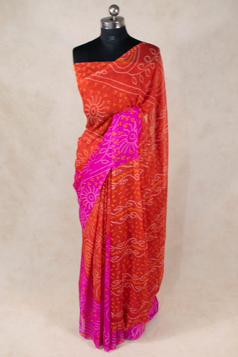 Red Rani Bandhani Georgette Saree - Authentic Jaipuri Rajasthani Beauty - KANHASAREE