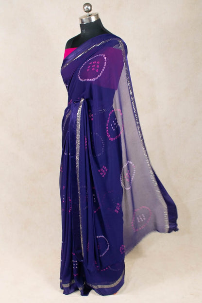 Hand-Printed Bandhani Georgette Saree - KANHASAREE