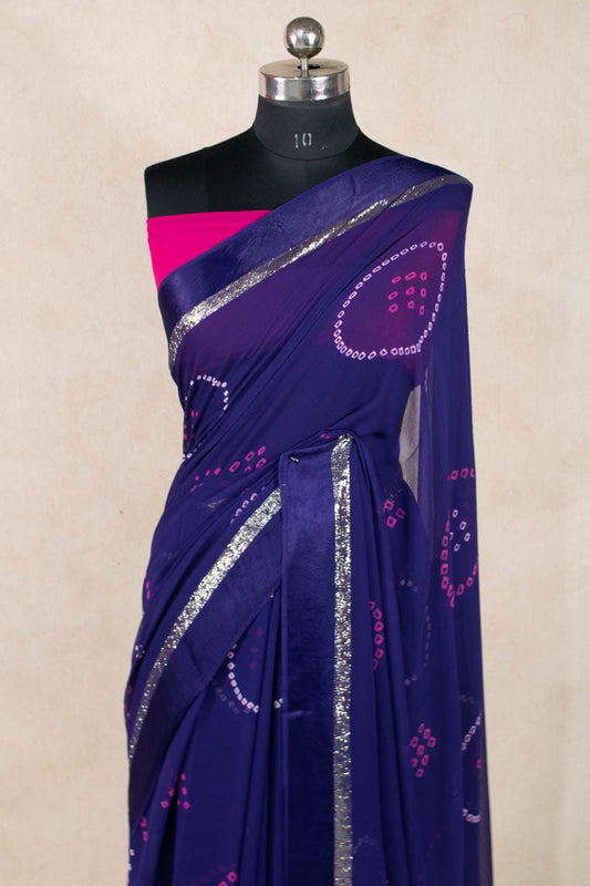 Hand-Printed Bandhani Georgette Saree - Kanhasarees by ksds
