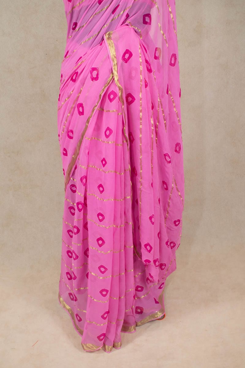 Printed Zari Lines Pure Georgette Bandhani Saree - KANHASAREE