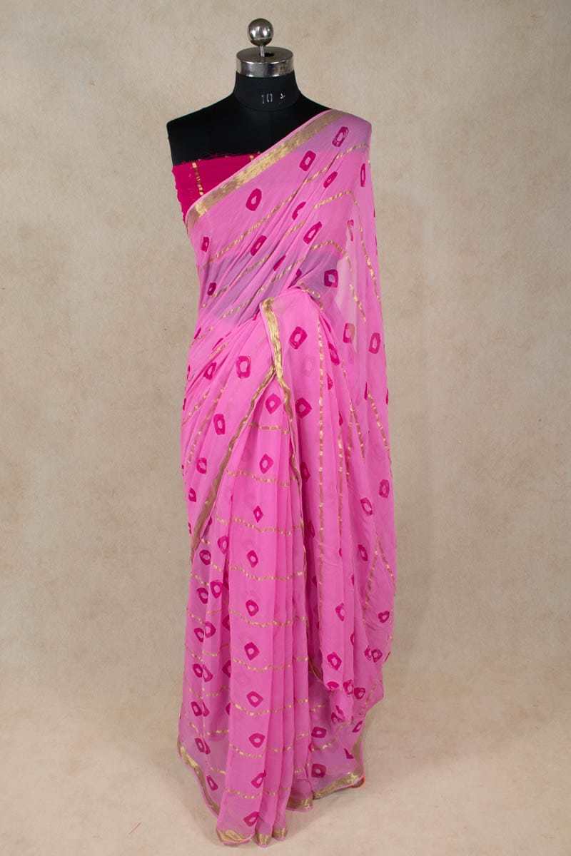 Printed Zari Lines Pure Georgette Bandhani Saree - KANHASAREE