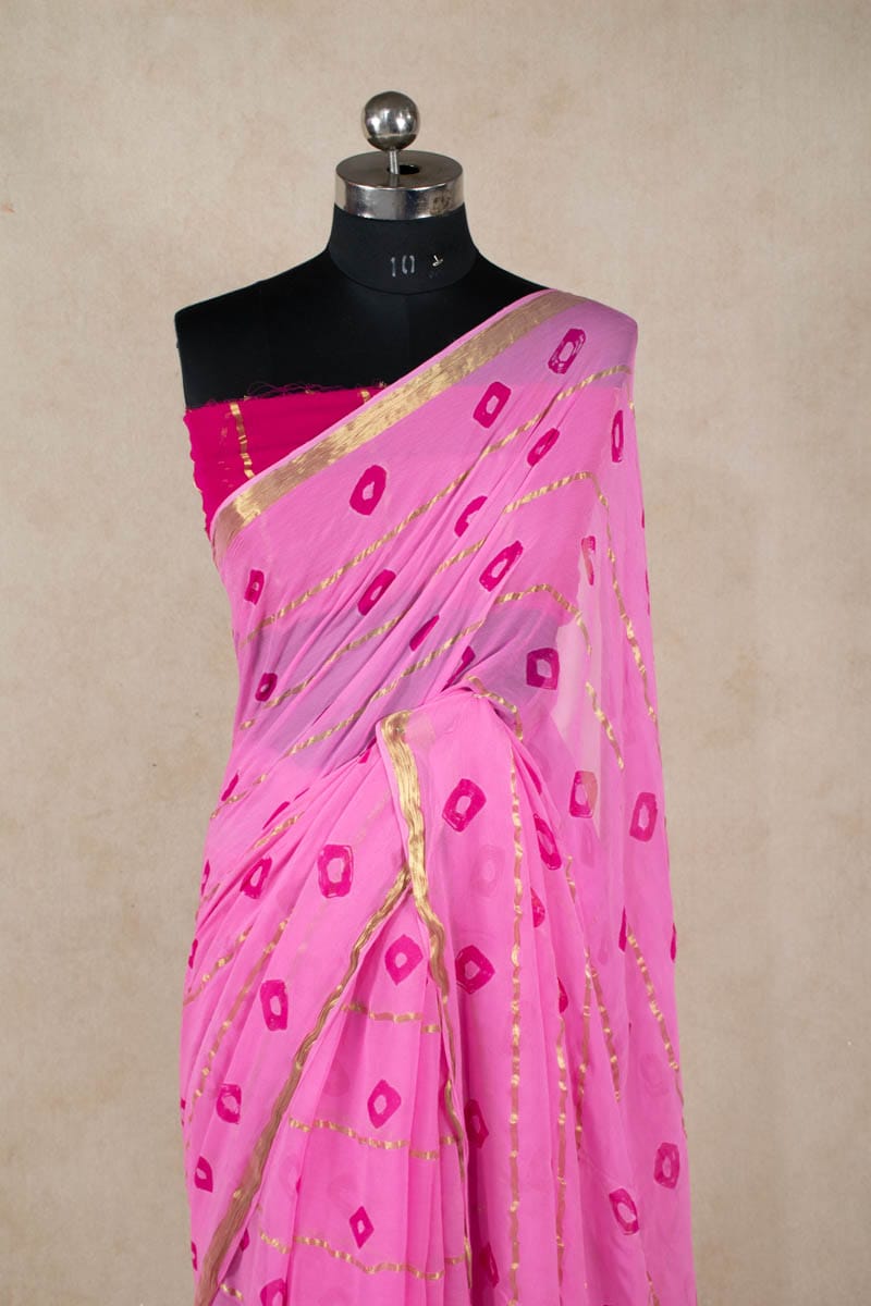 Printed Zari Lines Pure Georgette Bandhani Saree - KANHASAREE