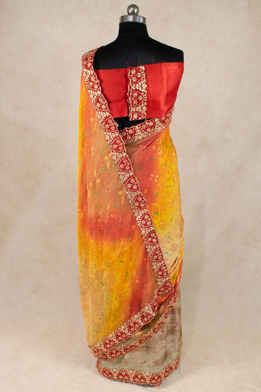 Half Half Bandhani Saree - Marble Georgette Lehenga Style - Kanhasarees by ksds