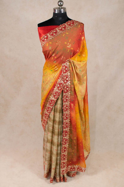 Half Half Bandhani Saree - Marble Georgette Lehenga Style - KANHASAREE