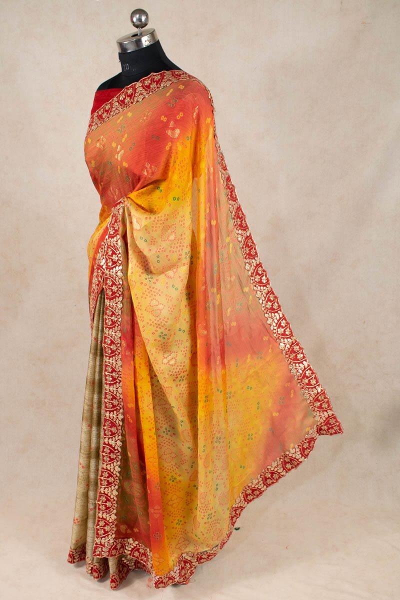 Half Half Bandhani Saree - Marble Georgette Lehenga Style - KANHASAREE