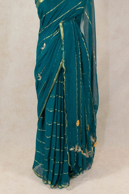 Pure Georgette Bandhani Saree with Printed Zari Lines - KANHASAREE