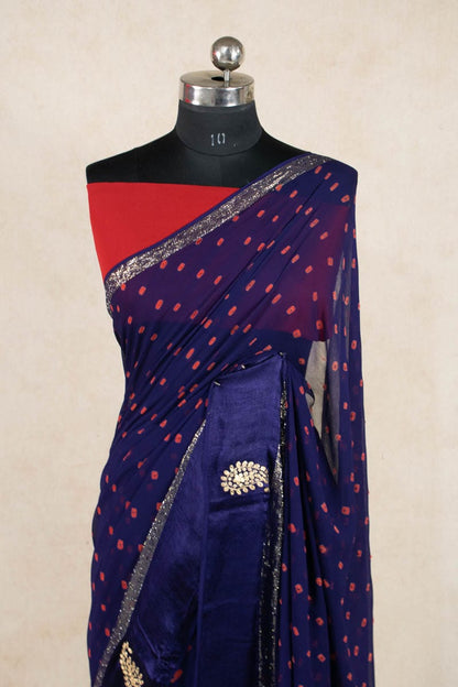 Bandhani Georgette Satin Patta Saree with Pittan Hand Work - KANHASAREE