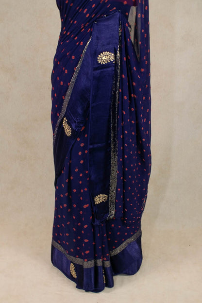 Bandhani Georgette Satin Patta Saree with Pittan Hand Work - KANHASAREE