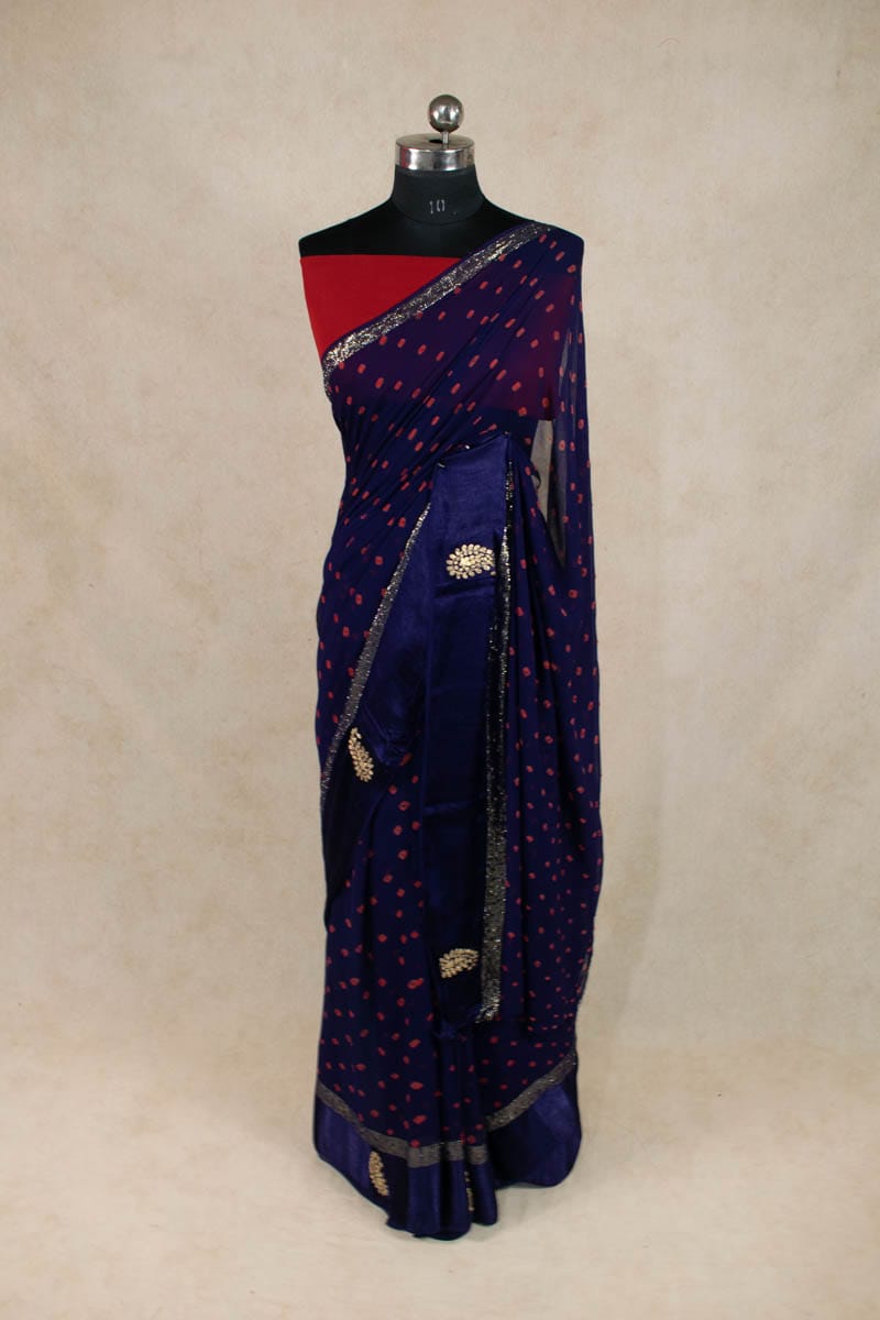 Bandhani Georgette Satin Patta Saree with Pittan Hand Work - KANHASAREE