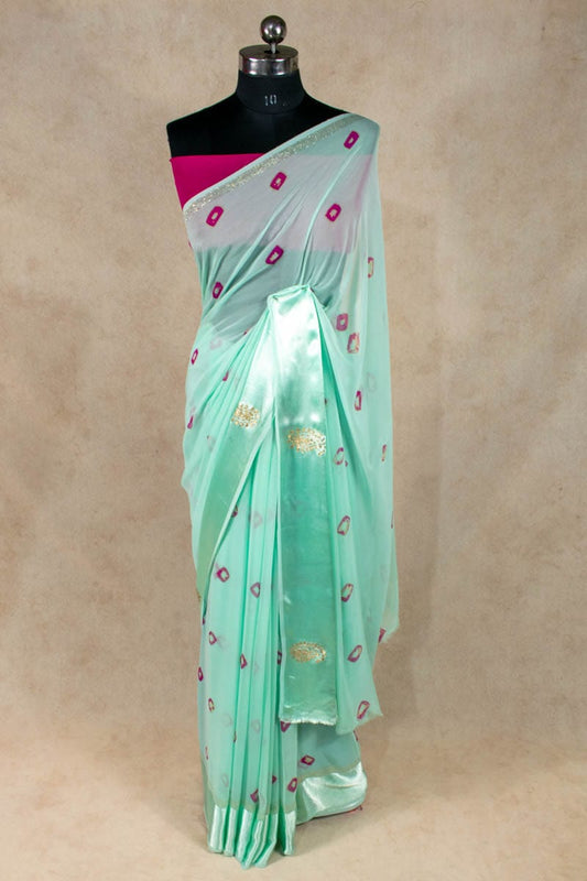 Elegant Georgette Bandhani Saree with Hand Pittan Work and Buti Border - KANHASAREE