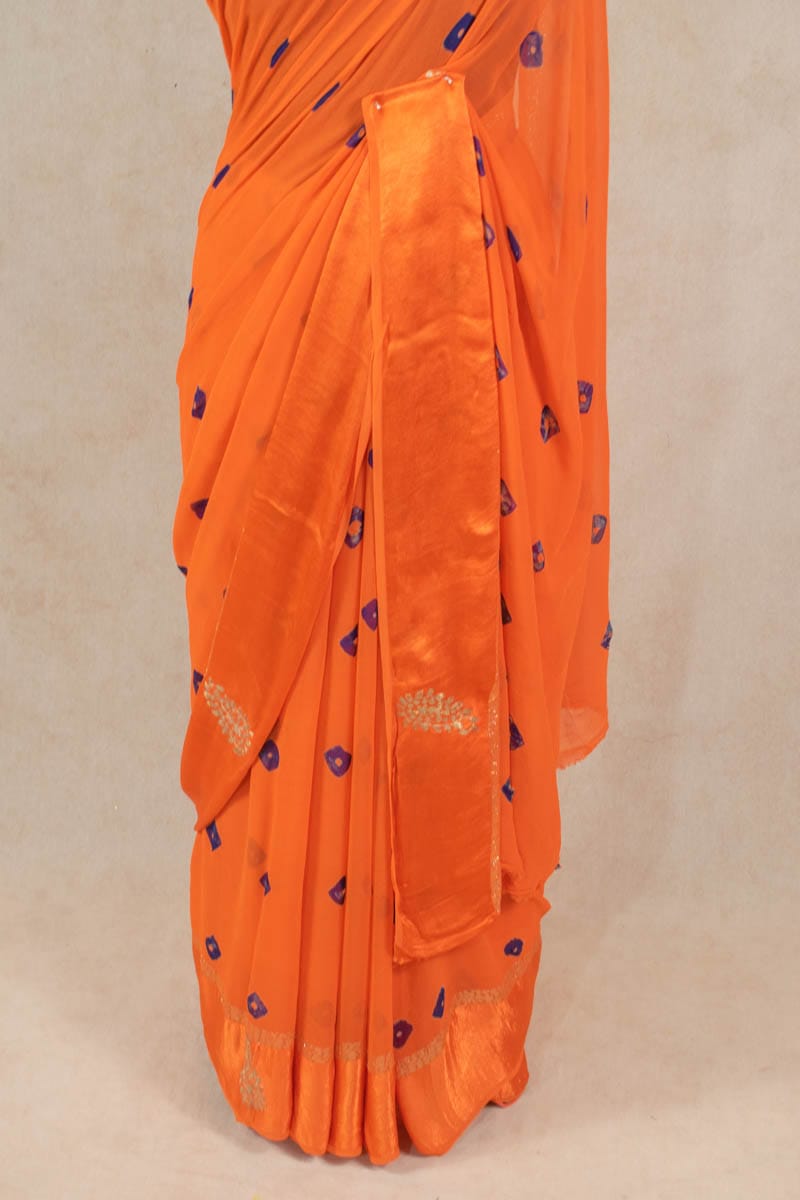 Elegant Pure Georgette Bandhani Saree with Hand Pittan Work and Satin Patta Border by KSDS - KANHASAREE