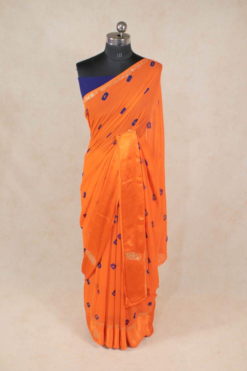 Elegant Pure Georgette Bandhani Saree with Hand Pittan Work and Satin Patta Border by KSDS - KANHASAREE