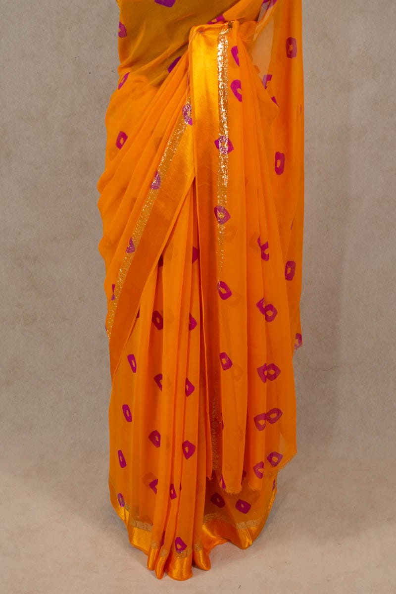 Exquisite Satin Patta Bandhani Printed Georgette Saree - KANHASAREE