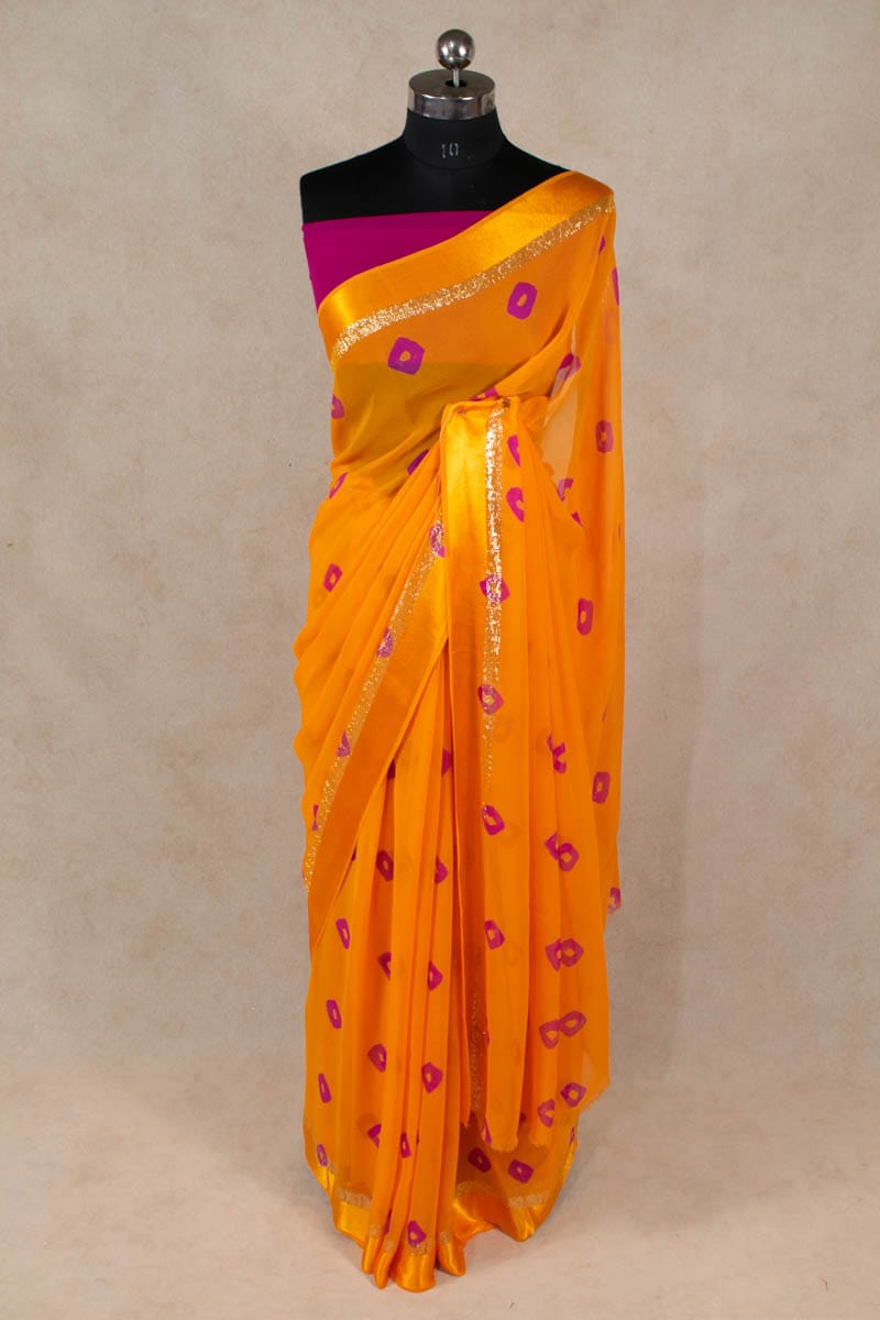 Exquisite Satin Patta Bandhani Printed Georgette Saree - KANHASAREE