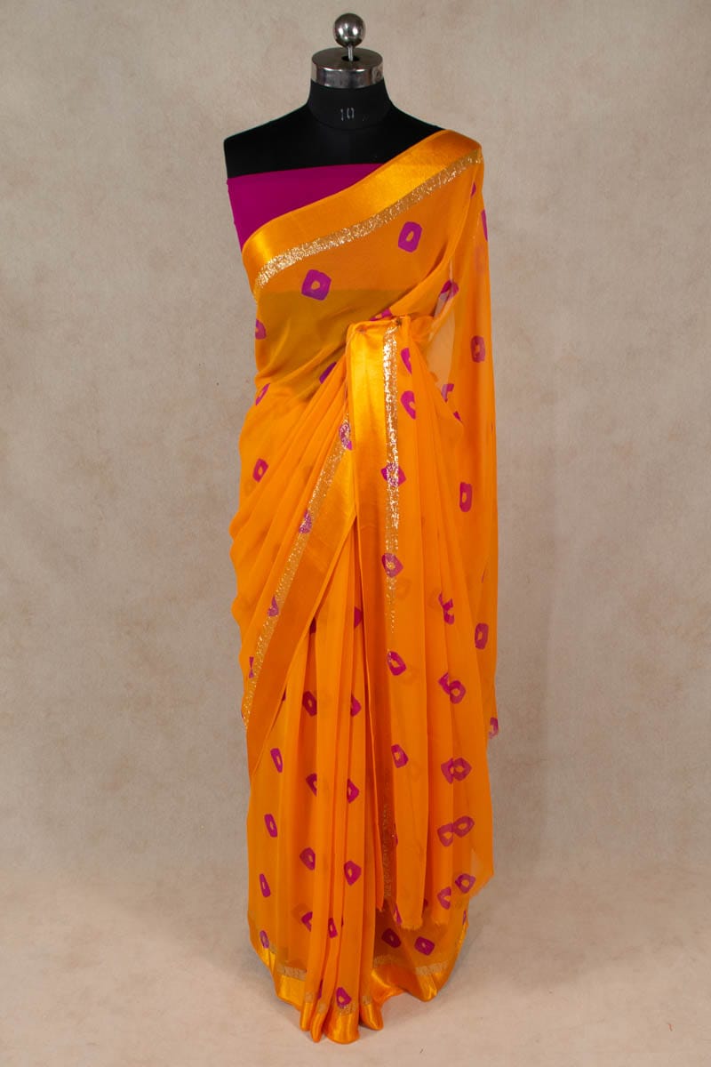 Exquisite Satin Patta Bandhani Printed Georgette Saree - KANHASAREE