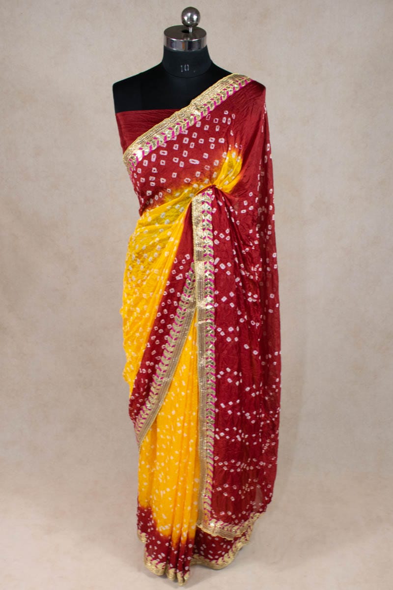 Elegance Redefined: Art Silk Bandhani Saree with Gota Patti Border - KANHASAREE