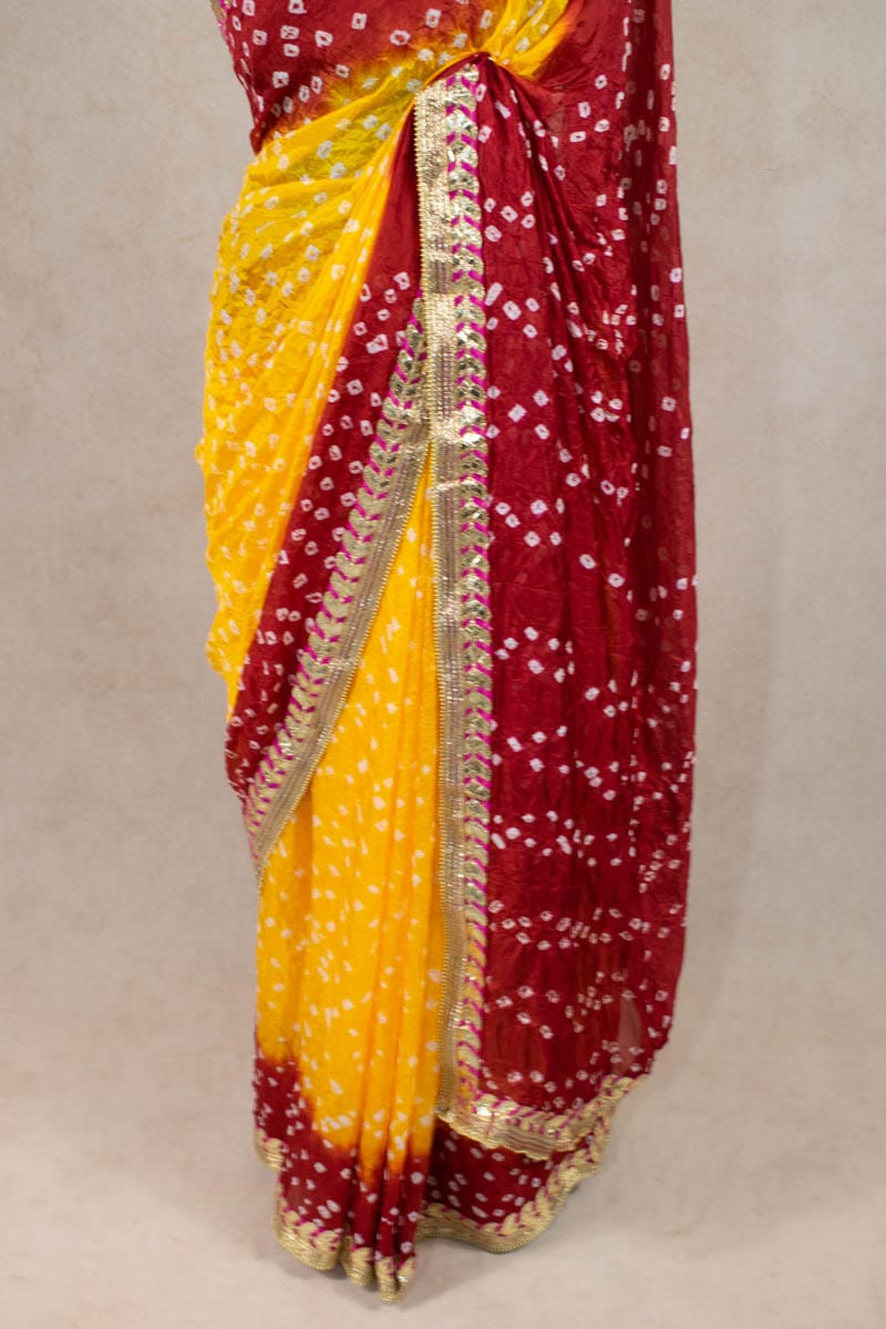 Elegance Redefined: Art Silk Bandhani Saree with Gota Patti Border - KANHASAREE