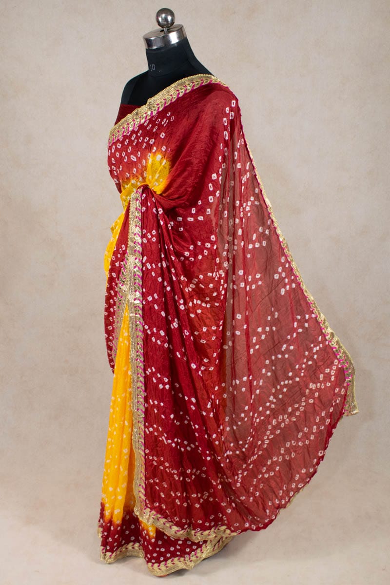 Elegance Redefined: Art Silk Bandhani Saree with Gota Patti Border - KANHASAREE