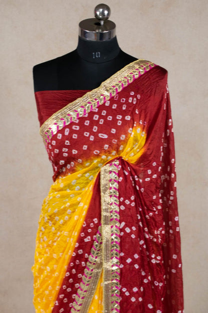 Elegance Redefined: Art Silk Bandhani Saree with Gota Patti Border - KANHASAREE