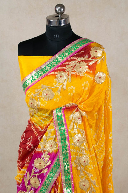 Elegant Art Silk Bandhani Saree with Kacha Gota Work - KANHASAREE