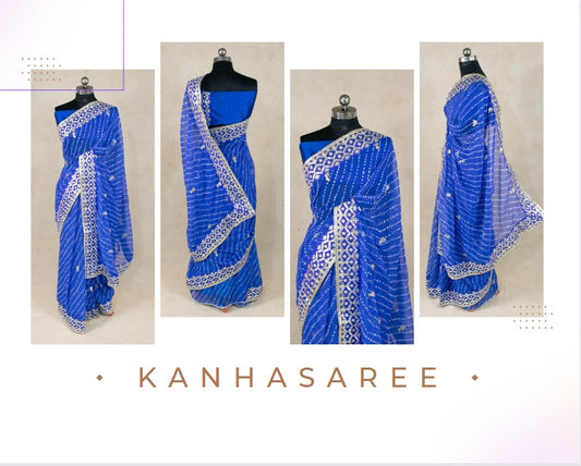 Elegant Pure Georgette Gota Patti Work and Mothra Print Saree - Kanhasarees by ksds