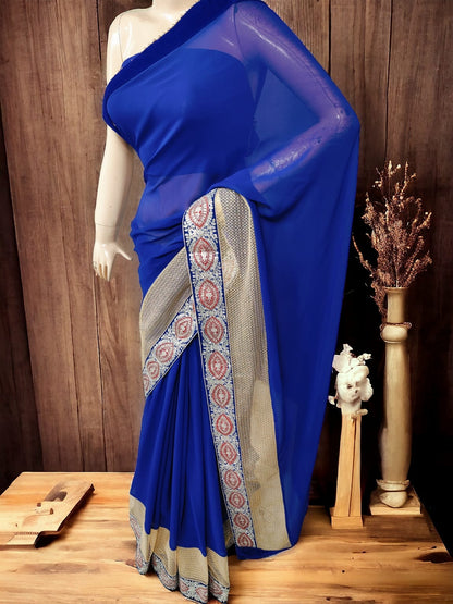 Pure Georgette Saree with Velvet &amp; Peetan Work - KANHASAREE