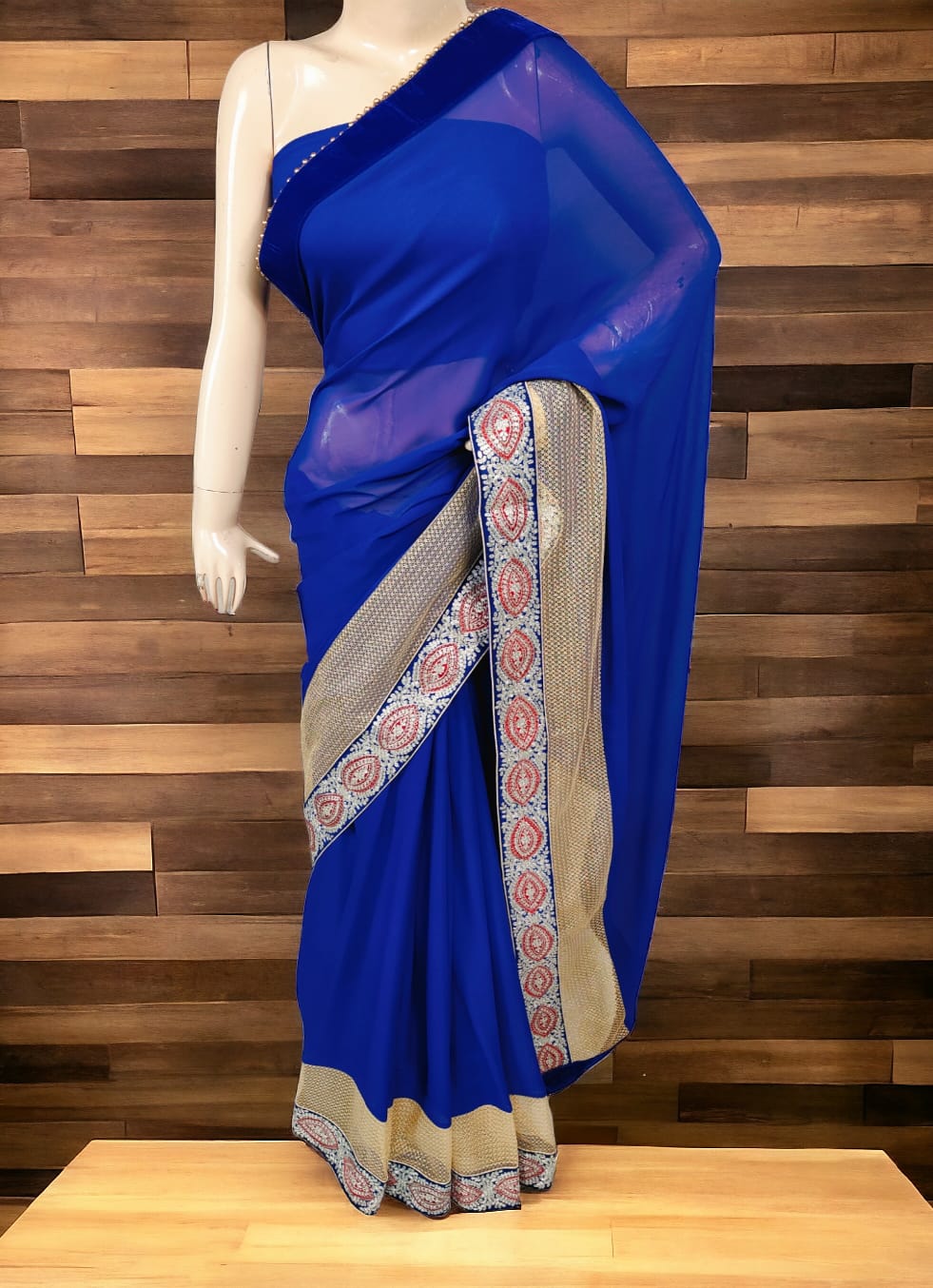 Pure Georgette Saree with Velvet &amp; Peetan Work - KANHASAREE