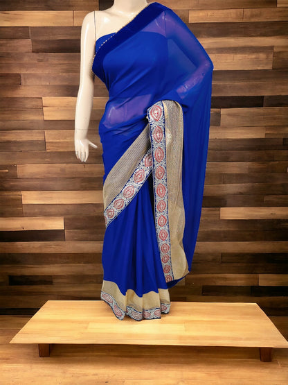 Pure Georgette Saree with Velvet &amp; Peetan Work - KANHASAREE