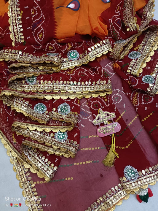 Georgette Pilliya Bandej Saree with Kundan Gota Patti Mix Work - KANHASAREE