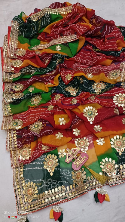 Moss Crepe Pachranga Bandhani Saree with Gota Patti & Kundan Work - KANHASAREE