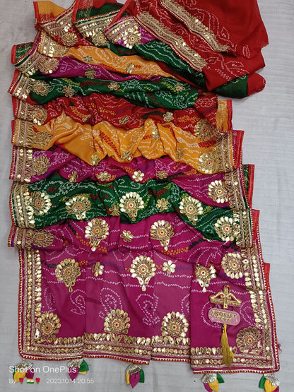 Moss Crepe Pachranga Bandhani Saree with Gota Patti & Kundan Work - KANHASAREE