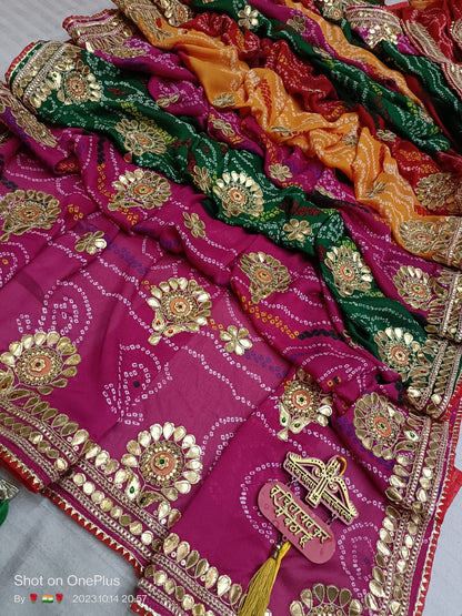 Moss Crepe Pachranga Bandhani Saree with Gota Patti & Kundan Work - KANHASAREE