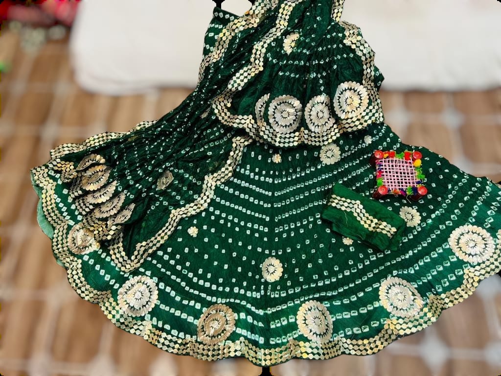 Rajasthani Bandhej Silk Lehenga: Handmade Elegance with Gotta Patti Cutting Work - KANHASAREE