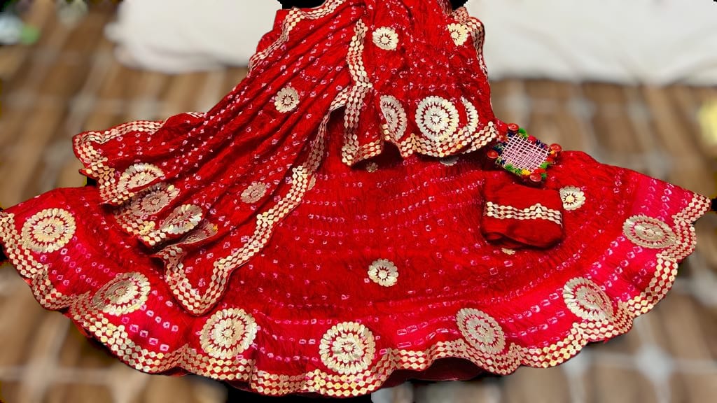 Rajasthani Bandhej Silk Lehenga: Handmade Elegance with Gotta Patti Cutting Work - KANHASAREE