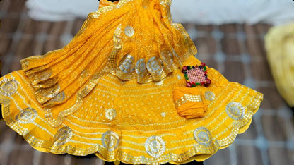 Rajasthani Bandhej Silk Lehenga: Handmade Elegance with Gotta Patti Cutting Work - KANHASAREE