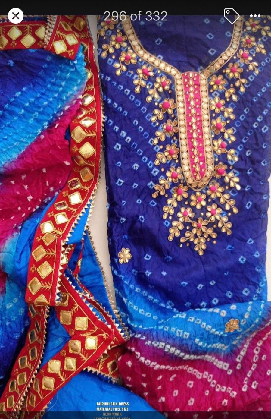 Bandhej Silk Jaipuri-Suit Material with Hand Gota Patti Work & Gotta-Border Dupatta - KANHASAREE